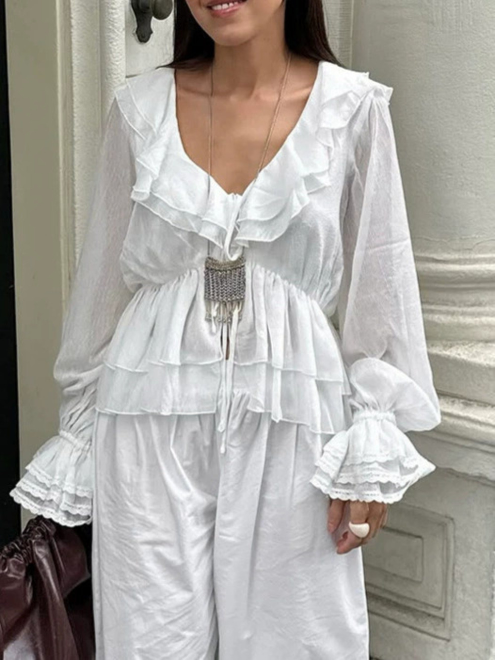 Forever 21 Layered Ruffle Collar Long Sleeve Top Waist Cinched